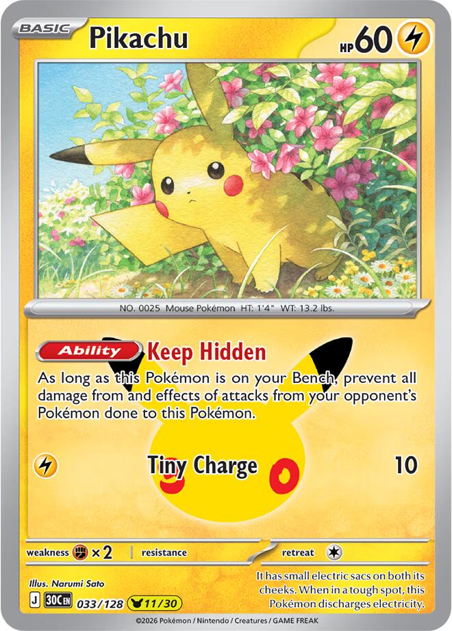 Pikachu 033/128 30th Celebration Pokémon card