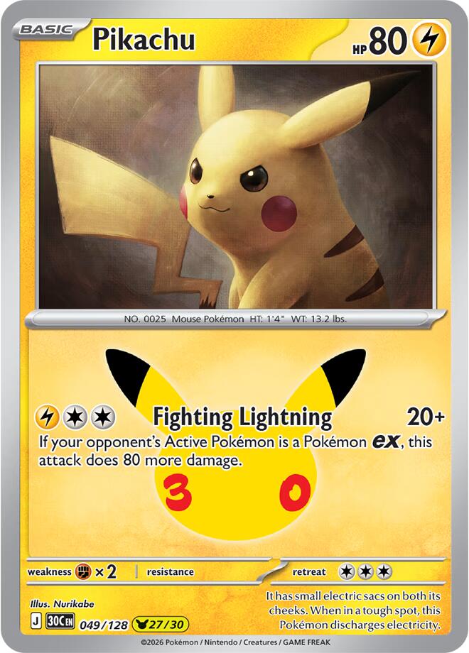 Pikachu 049/128 30th Celebration Pokémon card