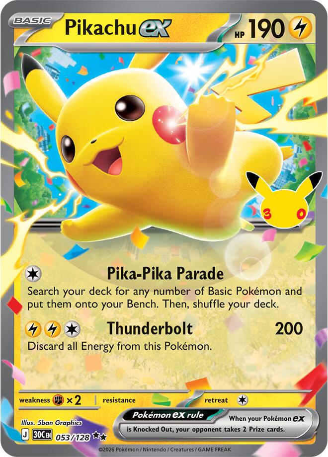 Pikachu ex 053/128 30th Celebration Pokémon card