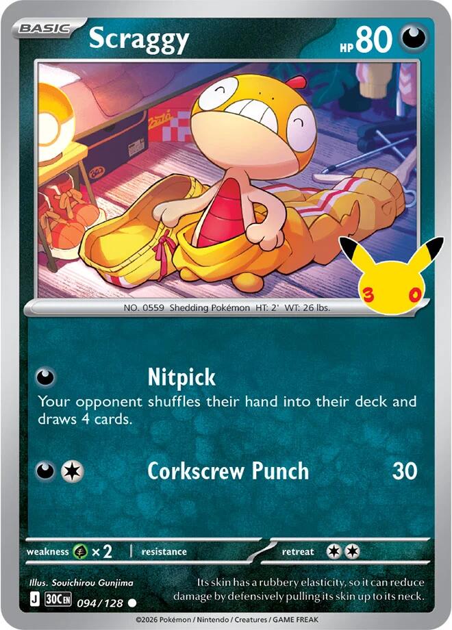 Scraggy 094/128 30th Celebration Pokémon card
