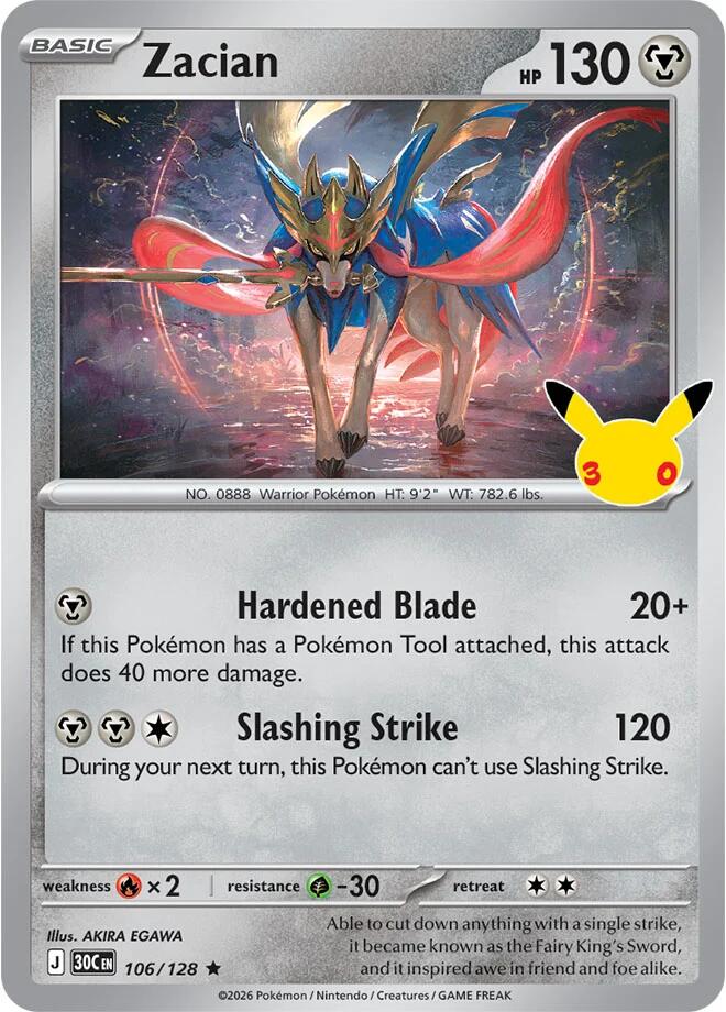 Zacian 106/128 30th Celebration Pokémon card