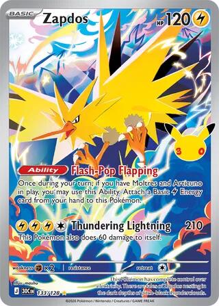 Zapdos 133/128 30th Celebration Pokémon card
