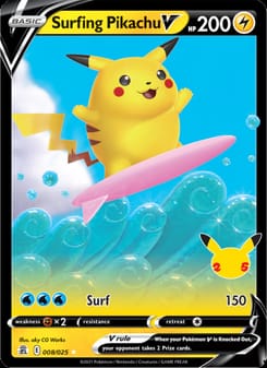 Surfing Pikachu V 008/025 Ultra Rare – Celebrations Pokémon card