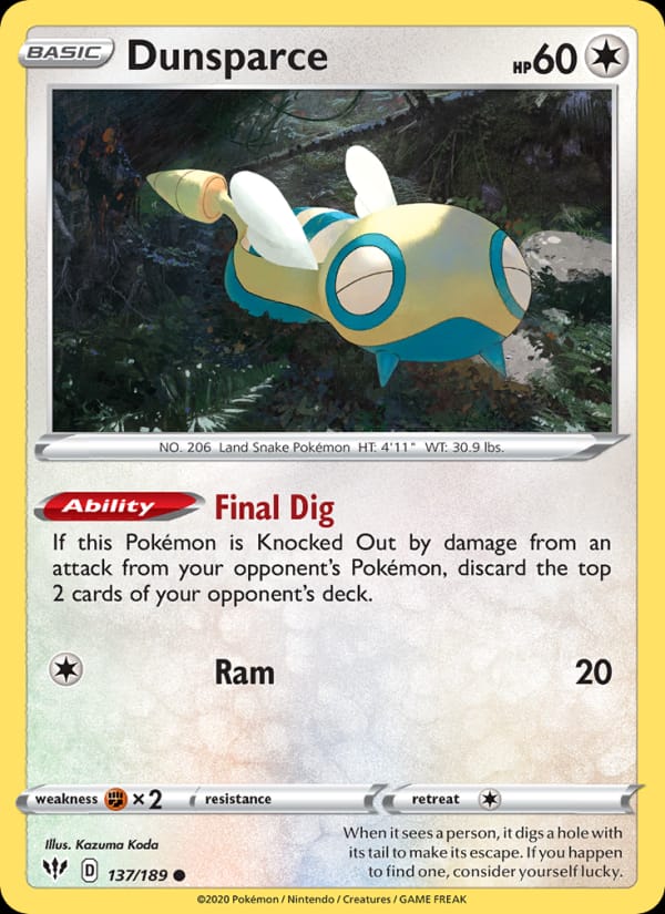 Dunsparce 137/189 Darkness Ablaze Pokémon card