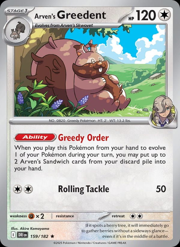 Arven's Greedent 159/182 Destined Rivals Pokémon card